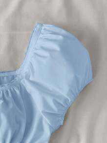 SHEIN Teen Girl Blue Square Neck A-Line Ruffle Trim Blouse, Cute & Sweet Style, Cropped Shirt Suitable For Preppy, Sweet, Casual Daily Wear Babydoll Top Girls Babydoll Top Baby Doll Top For Tweens Summer Babydoll Tops Tween Girl Summer Tops