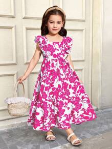 SHEIN Serisse Kids Vestido acampanado para niña con cuello cuadrado, volantes y lazo, espalda hueca, con estampado floral disperso tejido - Rosa Fucsia - Ver 2