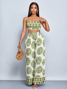 SOLERSUN 女式波西米亚风热带印花系带前抹胸上衣和口袋阔腿裤两件套，夏季海滩度假装 - 綠色 - 查看 5