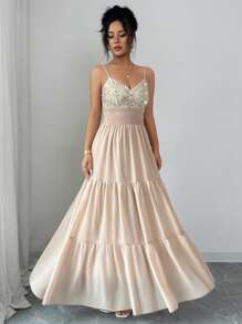 Elenzga 女士优雅亮片拼接无袖连衣裙，夏季 - 杏色 - 查看 5