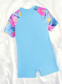 SHEIN Blue Tween Girls One-Piece Knit Color Block Zipper Rash Guard Swimsuit,Short Sleeve Kids Swim Romper Suitable For Summer,Casual,Beach,Vacation,Holiday - Multicolor - View 2