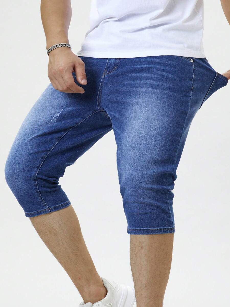 Manfinity Homme 男士纯色紧身弹力休闲牛仔短裤 - 深色水洗藍 - 查看 1