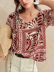 Écloséra 复古法式热带植物印花粘胶亚麻混纺女士系带衬衫