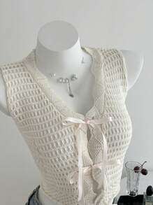 SHEIN Unity 女士度假风打结针织无袖开衫，轻薄款 - 白色 - 查看 3