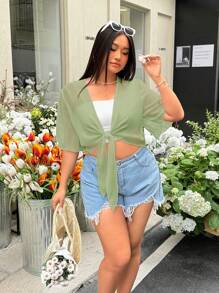 SHEIN EZwear 橄榄绿色透视大码女式短袖轻便夹克 - 橄欖綠 - 查看 4