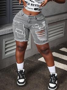 Slaydiva Shorts vaqueros simples desgastados de talla grande para uso diario - Gris Claro - Ver 5