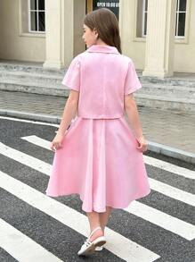 SHEIN Tween Girls 2 Pieces Set: Solid Color Floral Decor Slip Dress & Short Sleeve Jacket - Pink - View 2