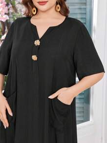 Lacomfia Women's Plus Size Rose Gold Button Pocket Loose Short Sleeve Casual Dress - Black - View 1