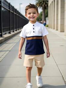 SHEIN 1 Pc Young Boy 2-Piece Set, Kids Knit Comfortable Short Sleeve Polo Shirt, Fashionable Sporty Color-Block Design Top, Suitable For Spring/Summer, Loose Fit, Ideal For Vacation, Beach, Casual Outings - Blue and White - View 1