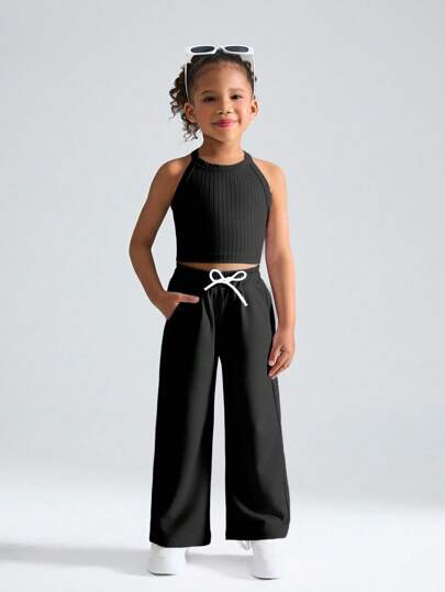 SHEIN 年轻女孩纯色休闲运动高弹力圆领背心+宽松阔腿松紧腰运动裤套装，舒适夏季运动，日常休闲穿着