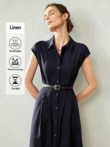 Uhlyne Rochie elegantă de înaltă calitate, stilată, de culoare solidă, casual, cu nasturi, design confortabil și elegant pentru rochie de vacanță din lenjerie, rochie fără mâneci - Albastru marin - Vizualizare 7