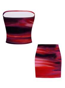 INAWLY 常规女士印花上衣和迷你裙红色两件套 - 彩色 - 查看 2