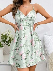 LuxeNights Floral Print Satin Cami Pajama Nightdress Luxeloungewear
