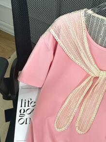 Franclia Damen Lässig Farbblock Spitze Patchwork Kurzarm T-Shirt - Pink - Übersicht 4