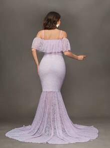 SHEIN Maternity Ruffled Lace Off-Shoulder Dress For Photoshoot, Baby Christening, Party - Mauve Purple - View 2