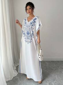 Rafferiza Casual Elegant Lady Floral Print V-Neck Batwing Sleeve Loose Hem Slit Flowy Midi Dress, Comfortable, Suitable For Spring/Summer - Blue - View 4