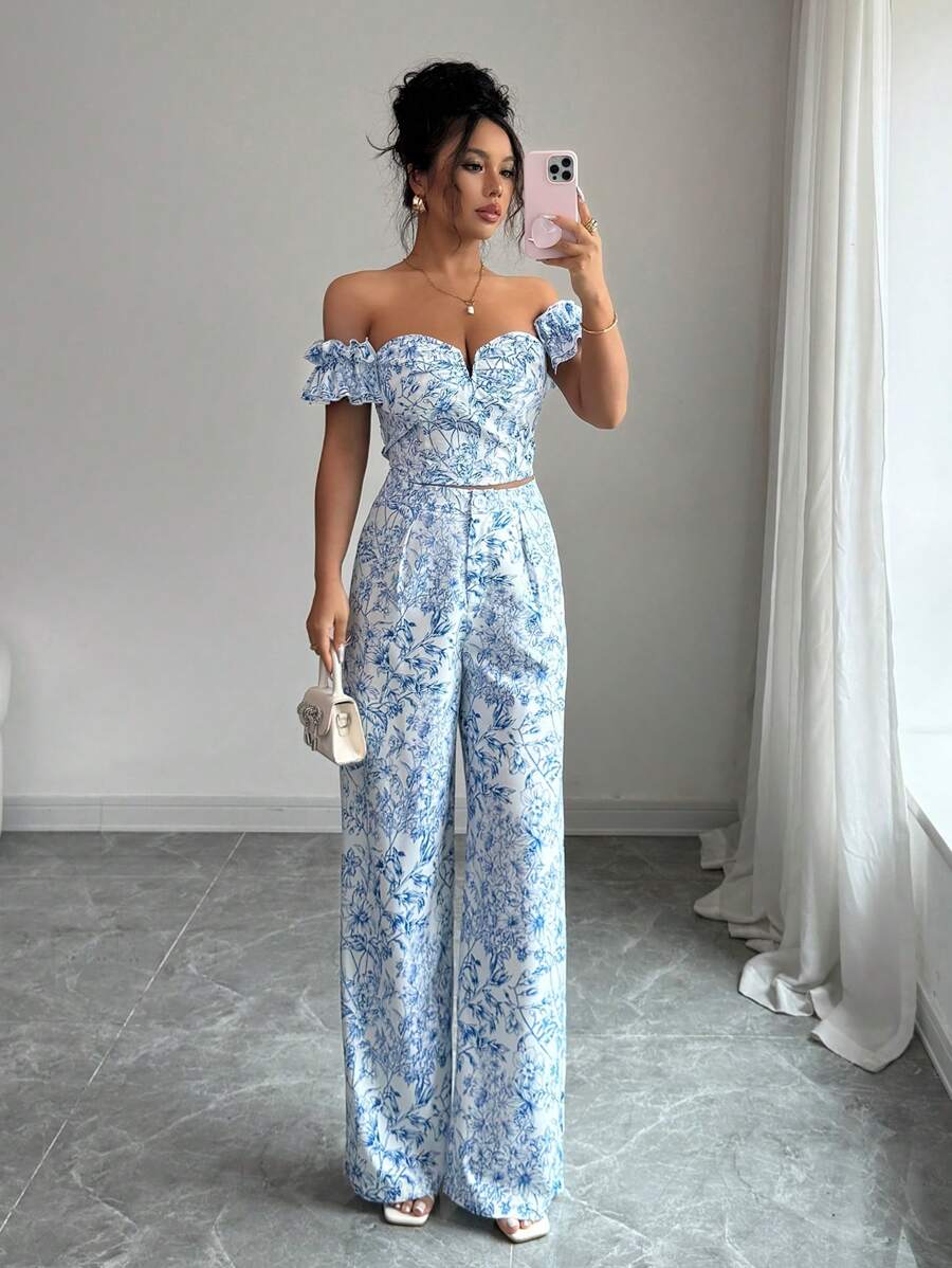 Lyxana Set de 2 piezas: Top de hombros y pantalón de pierna recta con estampado