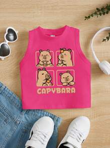 Young Girl Casual Simple Cartoon Pattern Sleeveless Round Neck Tank Top, Suitable For Summer - Hot Pink - View 1