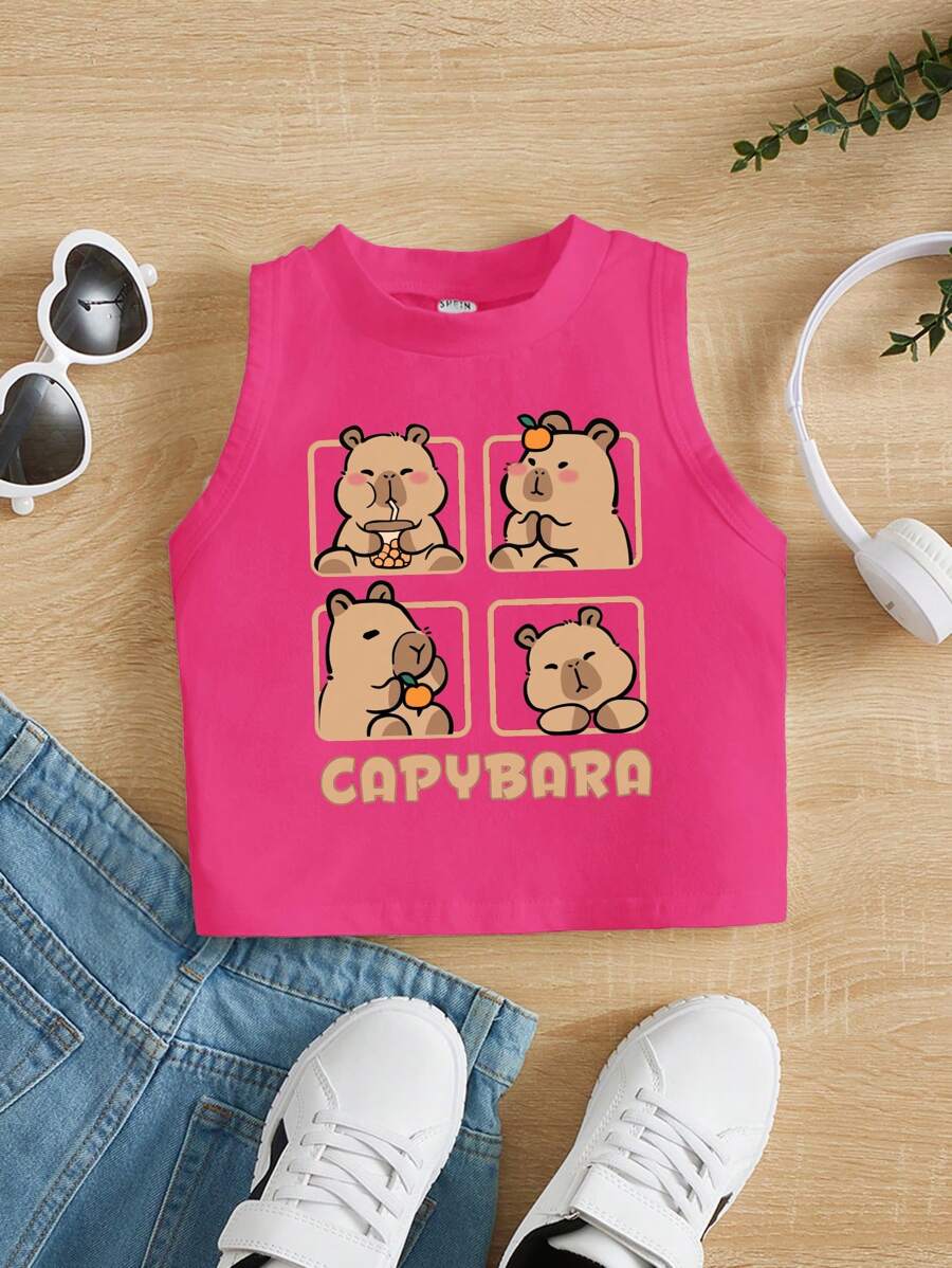 Young Girl Casual Simple Cartoon Pattern Sleeveless Round Neck Tank Top, Suitable For Summer - Hot Pink - View 1