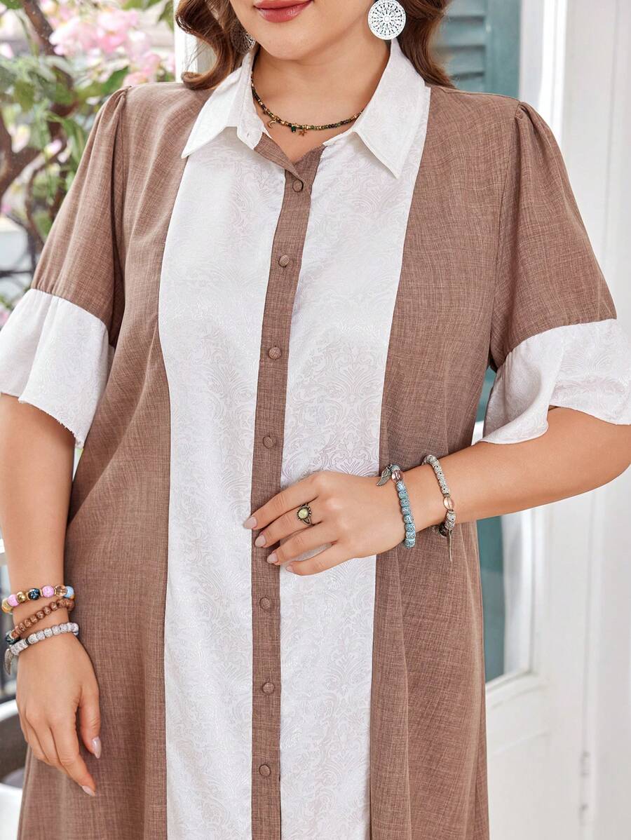 Lacomfia Plus Size Women Contrast Color Short Puff Sleeve Single Breasted Arabic Style Dress - Multicolor - View 1