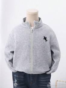 SHEIN 1 件装年轻男童休闲学院风舒适纯色刺绣骏马图案拉链前开襟夹克外套，百搭时尚 - 灰色 - 查看 4
