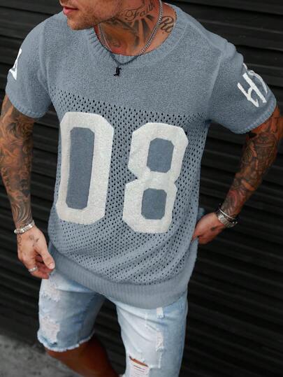Manfinity Homme Plus Size Men's Numeric Pattern Round Neck Hollow Out Short Sleeve Knit Top