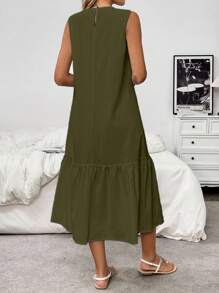 Franclia Đầm Maxi Không Tay Cổ Tròn Rộng Rãi, Không Tay, Có Viền Xếp Ly, Kết Cấu Bằng Vải Cho Nữ - xanh quân đội - Xem 2