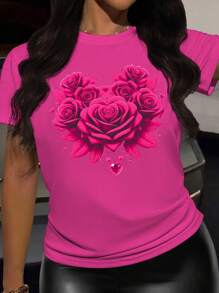 INAWLY Floral Print Casual Short Sleeve T-Shirt, Fuchsia Pink, Summer