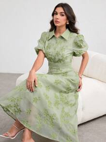 Modelyn 女式翻领腰带绿色刺绣连衣裙 - 綠色 - 查看 4