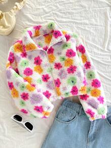 SHEIN Serisse Kids 少女彩色花朵图案立领长袖拉链高领保暖泰迪夹克，羊毛开衫，温暖舒适，非常适合秋冬季休闲日常穿着和上学日常穿着 - 彩色 - 查看 6