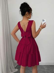 Elenzga Women's Solid Color Casual Elegant Party Minimalist Pearl Chain Sleeveless Dress, Valentine's Day, Butterfly Back Tie, New Year, Vacation, Summer Red - Burgundy - View 6