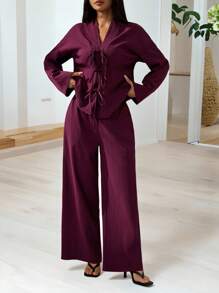 SHEIN PETITE 女士休闲优雅系带衬衫和高腰弹力宽松阔腿裤 2 件套，度假时尚 - 紫色 - 查看 8