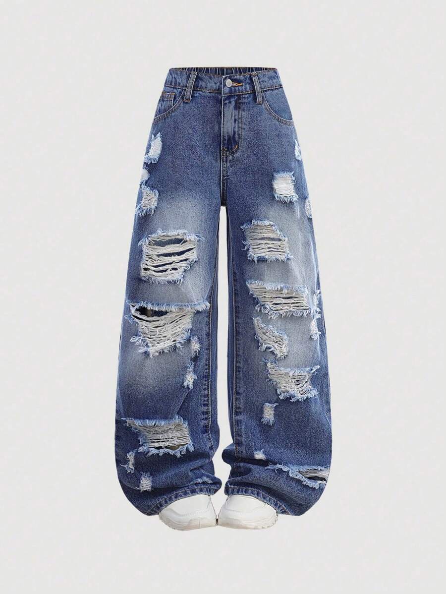 SHEIN Girlism 少女Y2K时尚复古水洗高腰破洞宽松直筒蓝色牛仔裤,适合日常街头穿搭 - 中等水洗藍 - 查看 1
