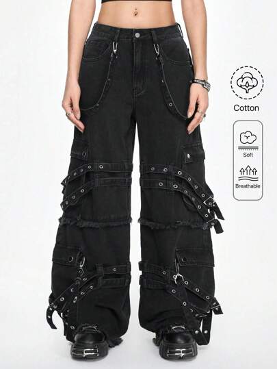 Grunge Punk Jeans à jambes larges et amples de style décontracté punk de rue avec décoration de toile métallique pour femmes