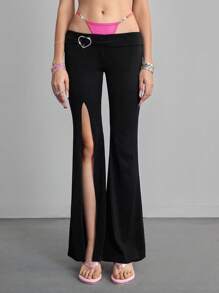 ROMWE Kawaii Women's Fashion Sexy Heart Rhinestone Slit Bell-Bottom Pants - Black - View 2