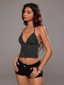 TRNVIE Vintage British Style Coffee Striped V-Neck Backless Tie Strap Tank Top For Women, Spring/Summer - Coffee Brown - View 1