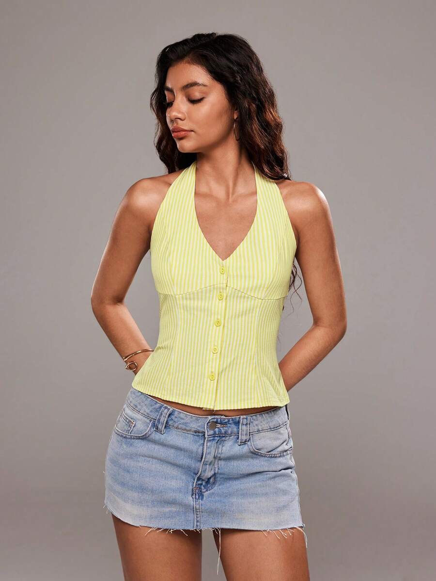 TRNVIE Women's Deep V-Neck Striped Textured Waist Suit Jacket, Resort Vacation Commuting Style, Spring/Summer - Yellow - View 1