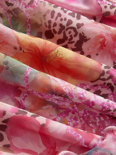 ROMWE Avant Y2K Retro Holiday Beachside Leopard & Floral Print Women Mini Halter Dress With Tassel