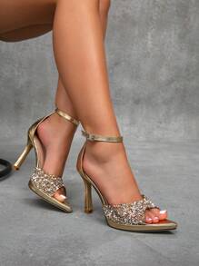 CUCCOO SZL Giày sandal thời trang mới gợi cảm cho nữ có quai đính đá Rhinestone, màu sâm panh, đế cao chống thấm nước thanh lịch, mũi nhọn, giày dự tiệc/đám cưới - Vàng - Xem 4