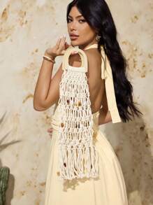 SHEIN SXY 女士单肩包、流浪包、钩针包、流苏、亚克力彩色石珠、时尚、优雅、简约、个性化、多功能、适合海滩、度假、节日、夏季、海边、日常、下午茶、海滩派对 - 米色 - 查看 2