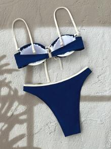 Swim Chiccia 2 件套女士海军蓝和米色拼接聚拢泳衣套装，配有简约海星金属扣装饰，优雅性感，适合春夏季、度假、海滩、派对 - 彩色 - 查看 3