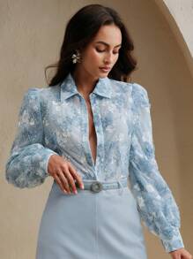 Anewsta Áo cánh in họa tiết bướm lãng mạn kiểu Pháp 2025 chất lượng thanh lịch cho nữ, cổ đứng hoa độc đáo, áo ôm vừa vặn đa năng - Màu xanh lam - Xem 4