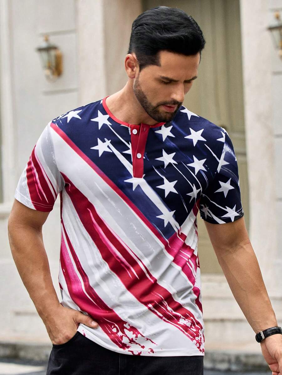Manfinity VCAY maglietta casual da uomo a collo coreano con stampa, manica corta - Bianco - Visualizzare 1