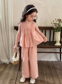 SHEIN LMoss Kids 青少年女孩休闲日常度假学院风粉色圆领褶饰吊带背心搭配宽松直筒裤套装，开学季 - 粉色 - 查看 5