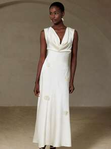 Chiquease Vestido elegante y romántico para cena, estilo francés, vestido de satén de acetato con cuello de volantes, sin mangas, con decoración de flores 3D delicadas, diseño lujoso y de alta gama - Albaricoque - Ver 4