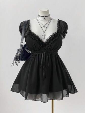 Sunspun Blusa de encaje de unicolor elegante para mujer de talla grande, para verano