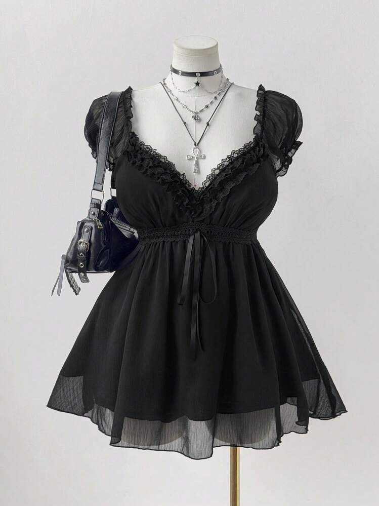 Sunspun Blouse élégante à couleur unie avec garniture en dentelle pour femmes grande taille, été