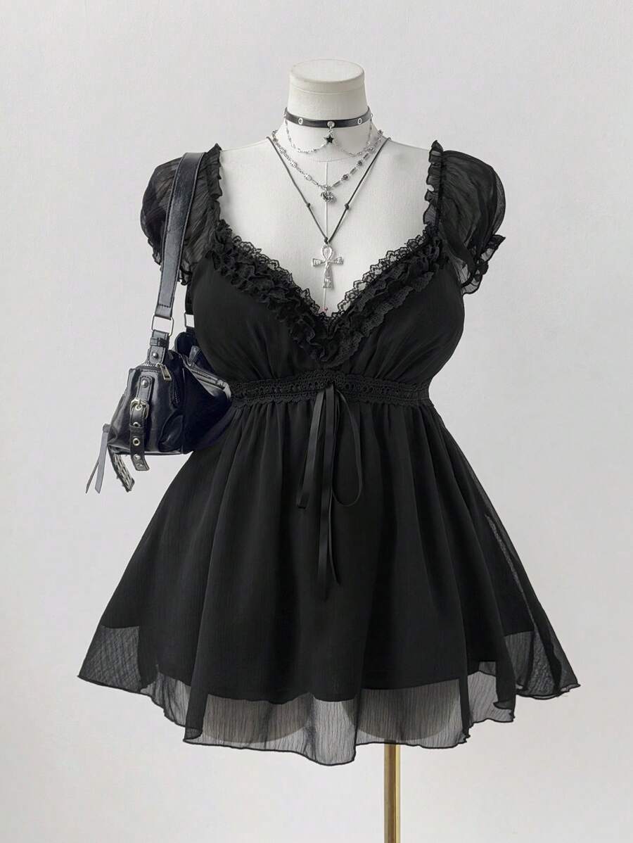 Sunspun Plus Size Women Elegant Solid Color Lace Trim Blouse, Summer - Black - View 1