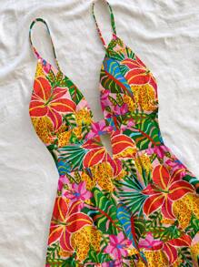 Soleia 女士休闲度假 V 领镂空、露背伞形下摆迷你连衣裙，适合夏季度假，多层荷叶边下摆，波西米亚风，波西米亚风格，热带树叶印花，豹纹印花，花卉印花 - 彩色 - 查看 3