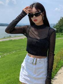 DAZY Mock Neck Glitter Mesh Top Without Cami Top Going Out Tops Sheer
